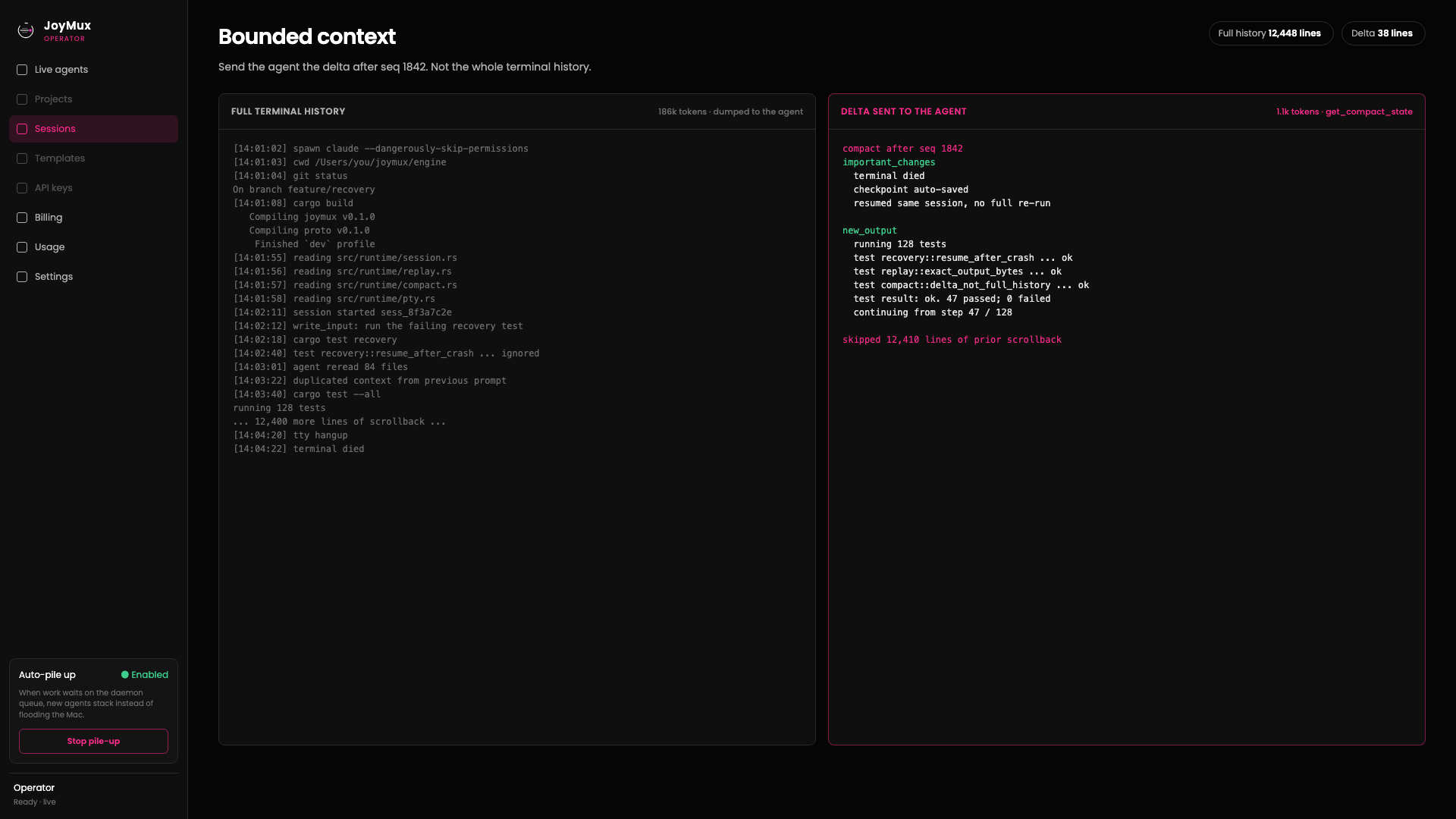 JoyMux bounded context delta vs full terminal history