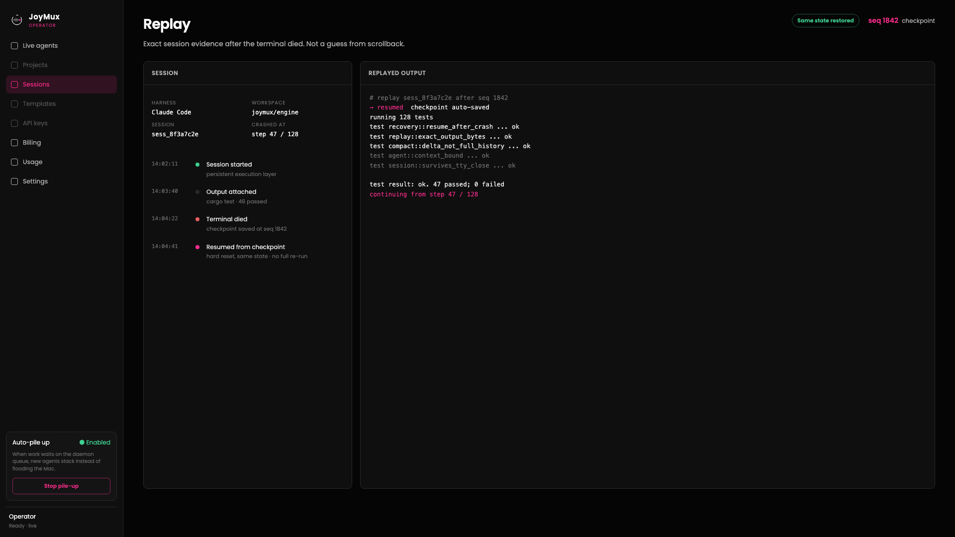 JoyMux replay of missed terminal output from execution evidence